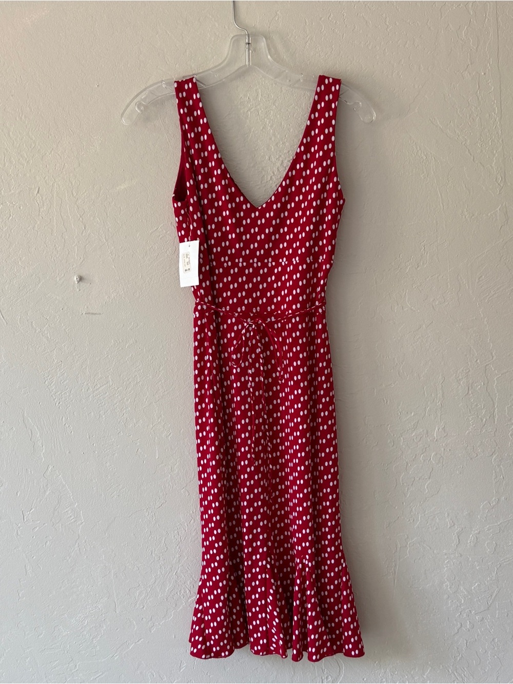 NEW. Red Polka Dot V-Neck Midi Dress. Red and white.